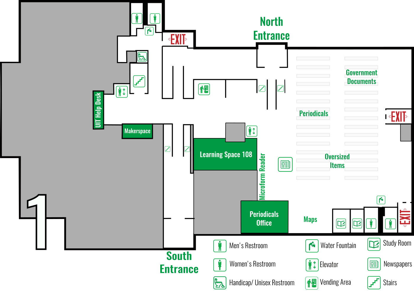 floor map of the first floor at the Chester Fritz Library