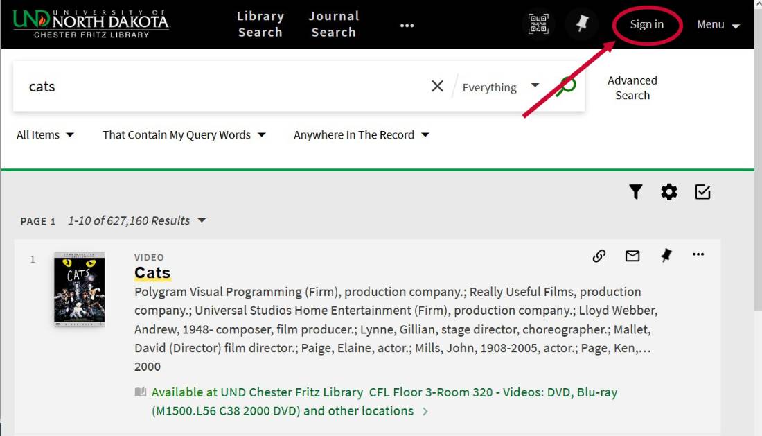 screenshot showing the location of the sign in link on the chester fritz library catalog