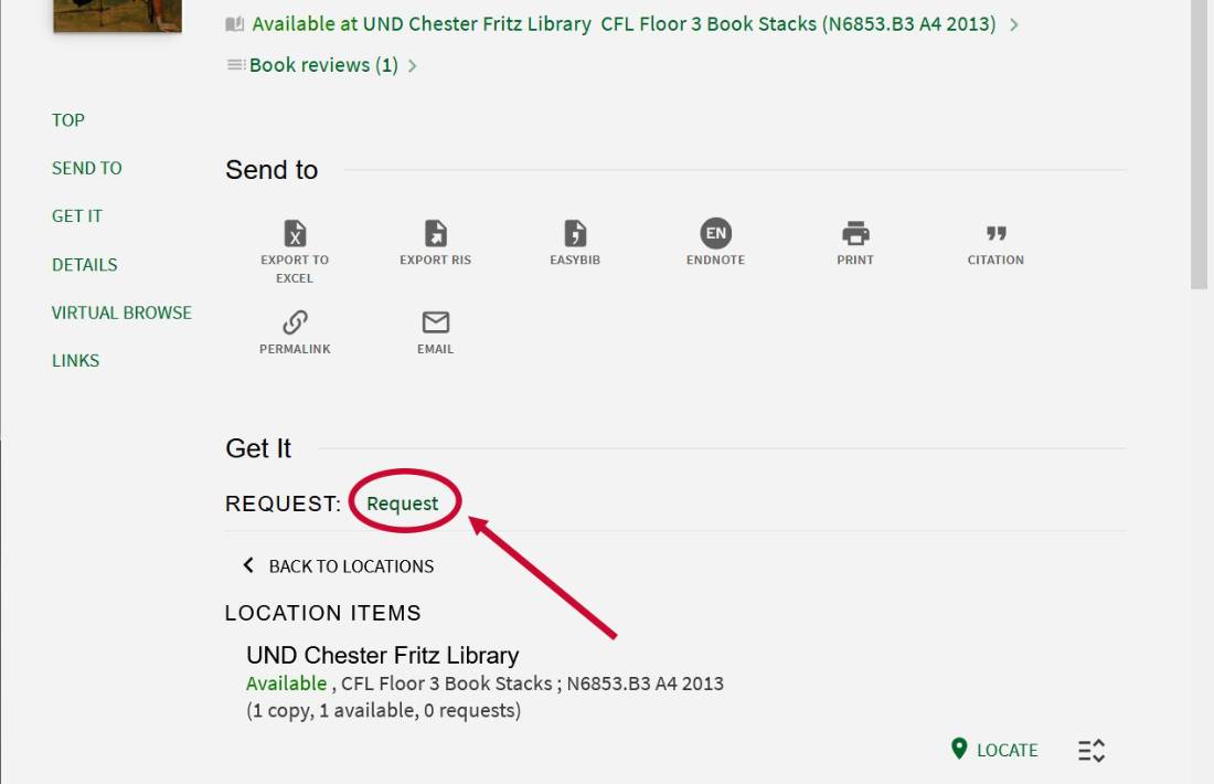 screenshot of the full description in the Chester Fritz Library catalog